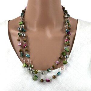 Long Length Necklace Beaded Green Pink Blue Silver 52 Inch Length